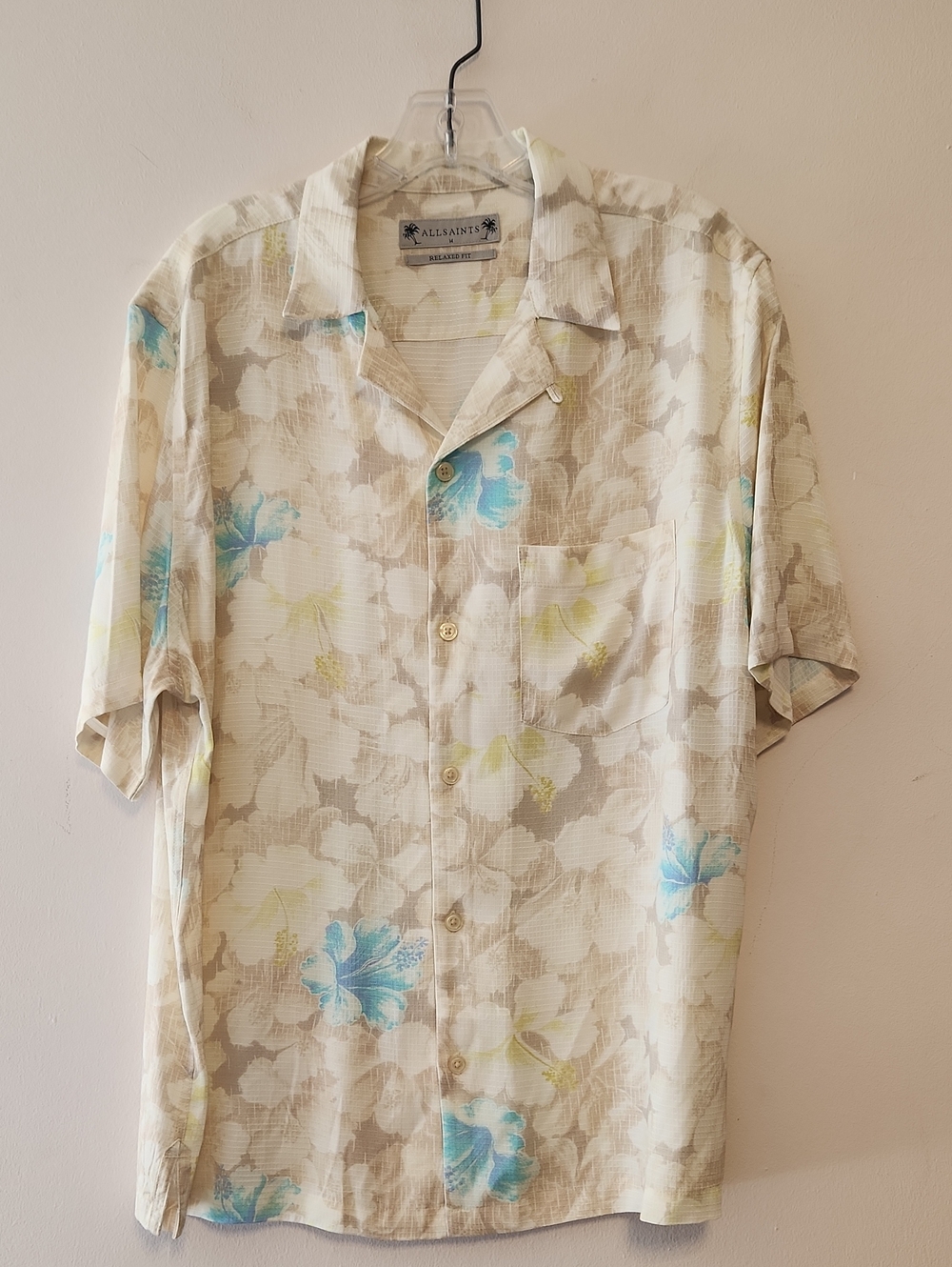 All Saints Nevada Floral Print Men's Camp Shirt  Cream Blue Accents M Overs New